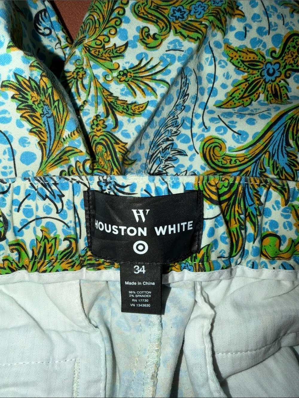 Men's Paisley Print Cotton Flat-Front Shorts in White and Green